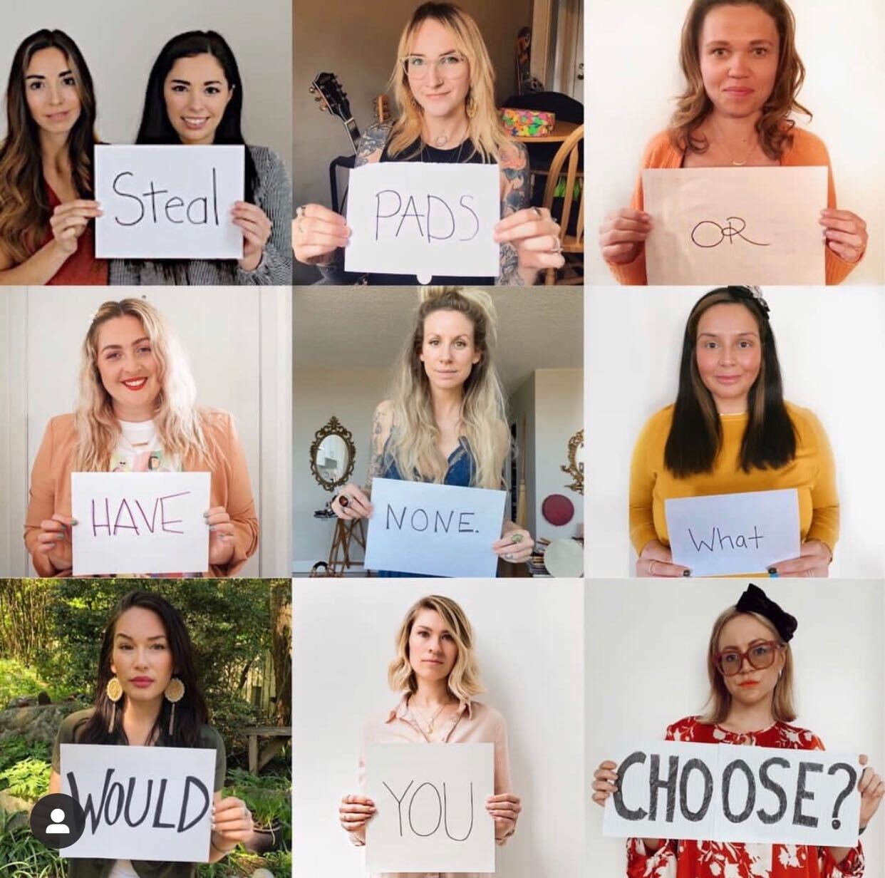 Collage of women holding signs about period poverty choices, highlighting the need for access to feminine hygiene products.