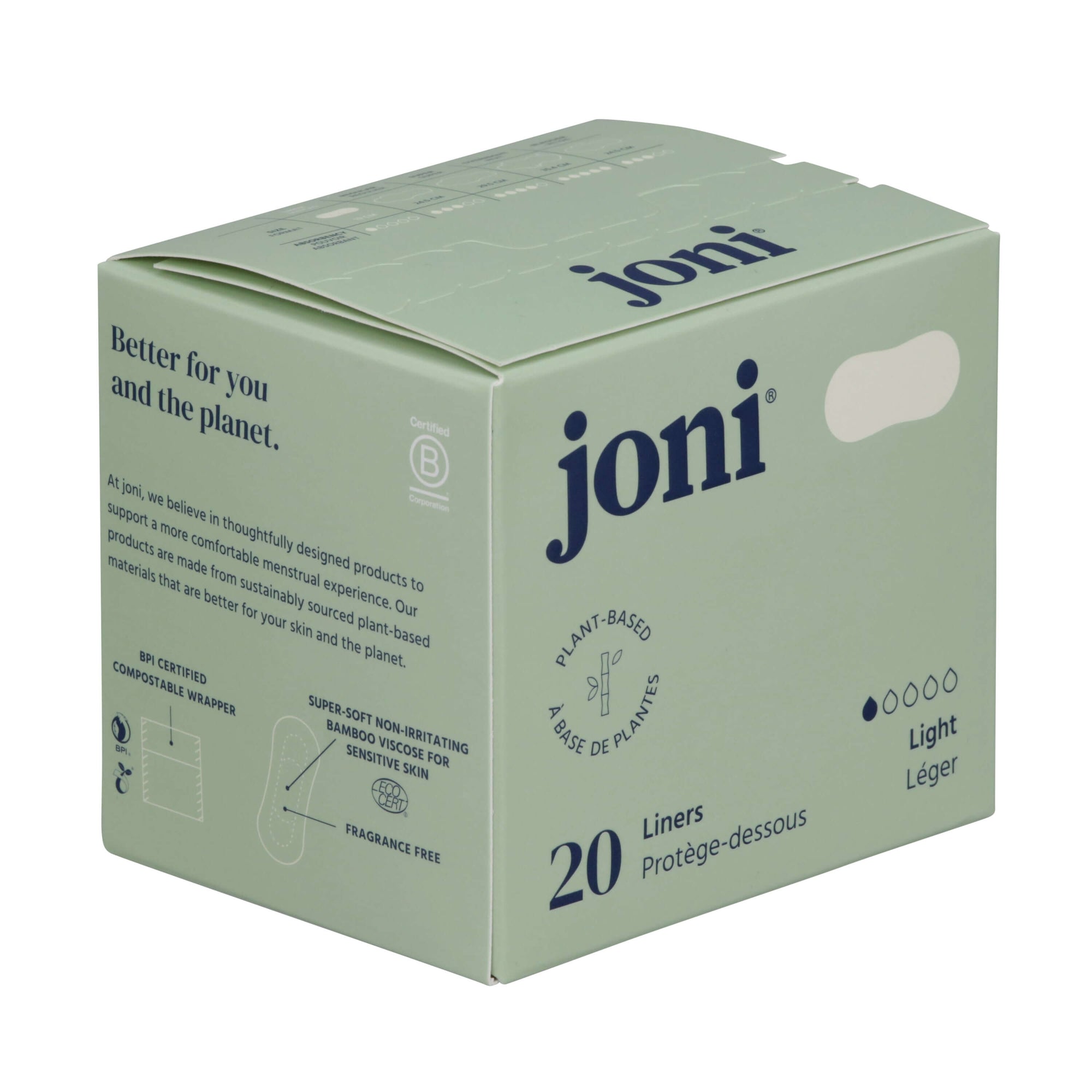 Box of joni bulk bamboo liners, eco-friendly plant-based, 300 count, light and breathable comfort.