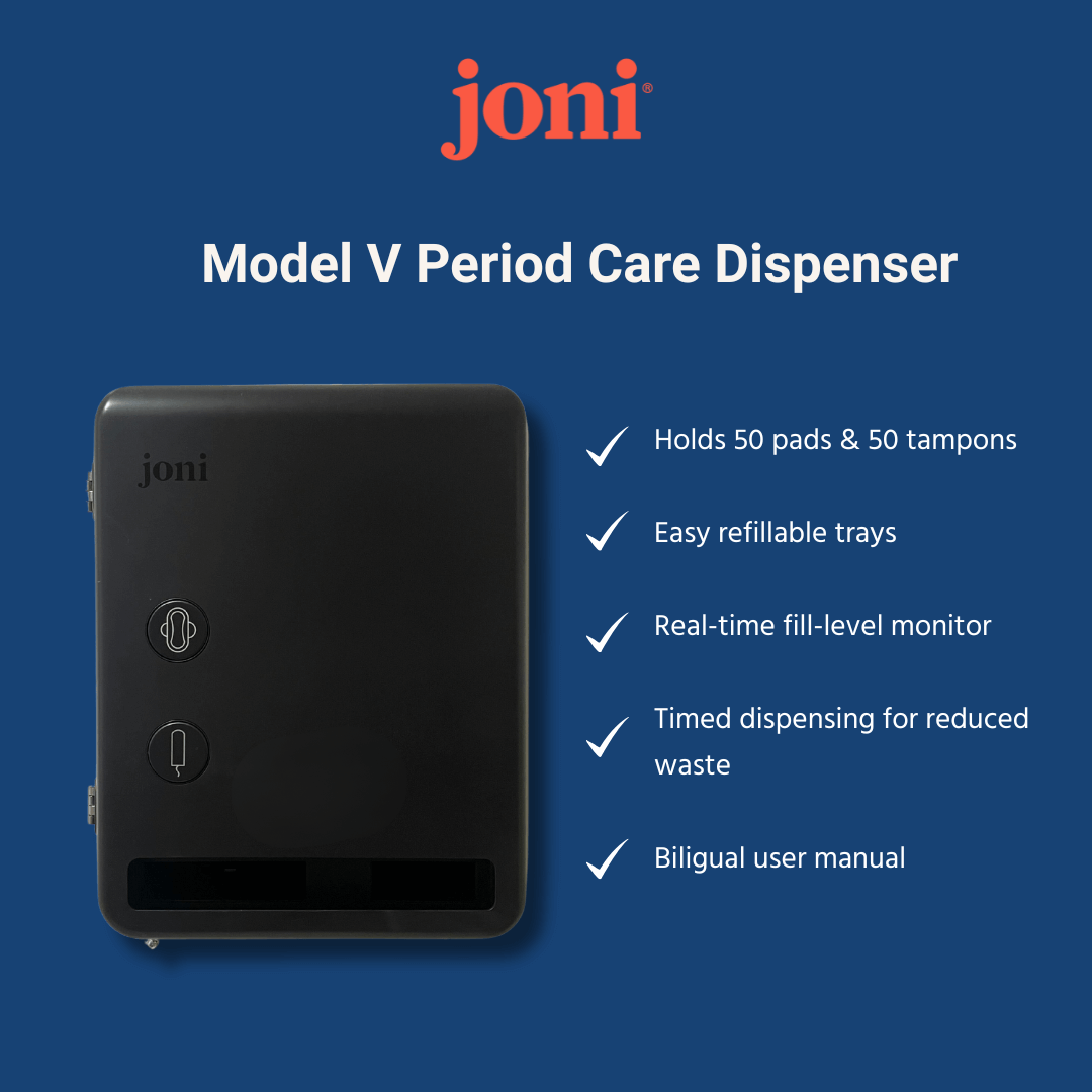 Model V Period Care Dispenser by joni, designed to hold 50 pads and tampons, features easy refills and a fill-level monitor.