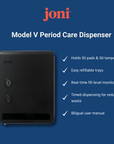 Model V Period Care Dispenser by joni, designed to hold 50 pads and tampons, features easy refills and a fill-level monitor.