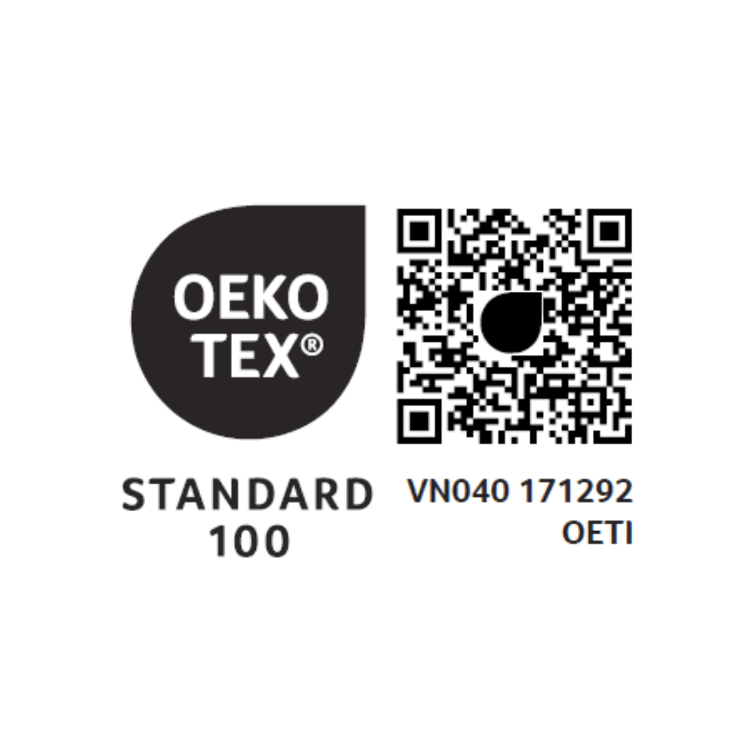 OEKO-TEX Standard 100 label with QR code for certified chemical safety in textiles.