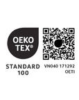 OEKO-TEX Standard 100 label with QR code for certified chemical safety in textiles.