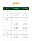 A sizing chart for Joni clothing, showing size options from XS to 3XL with measurements for to fit waist and to fit hips in both inches and centimeters. The Joni brand logo is displayed at the top in orange on a white background.