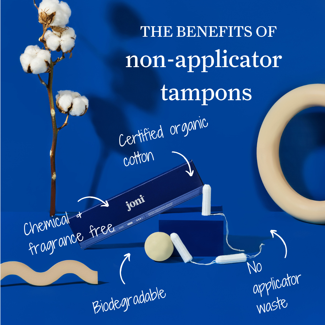 The benefits of joni's chemical-free, biodegradable non-applicator tampons made from certified organic cotton.