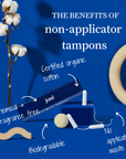 The benefits of joni's chemical-free, biodegradable non-applicator tampons made from certified organic cotton.