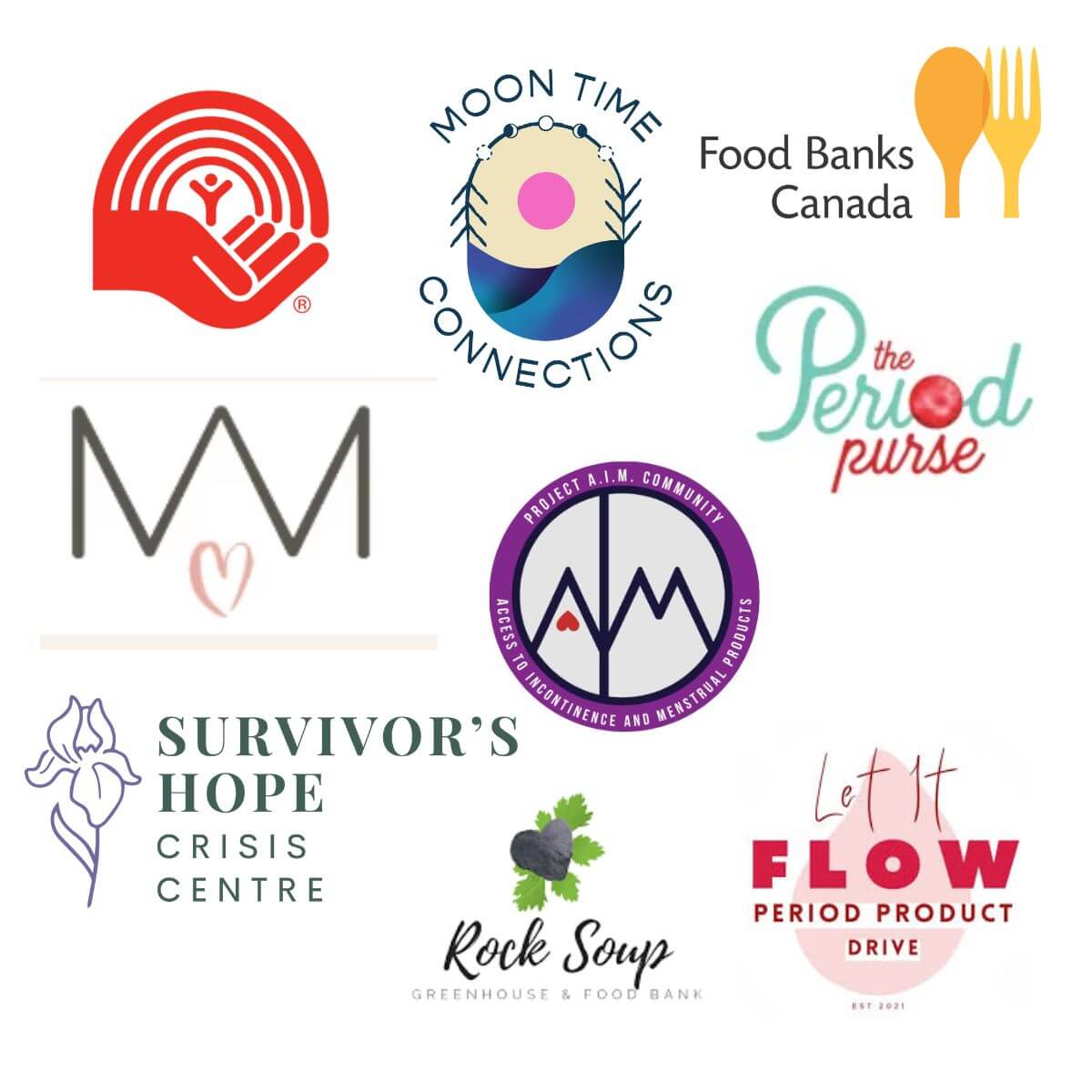 Logos of organizations supporting period equity and donations in Canada, including Food Banks Canada and The Period Purse.