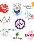 Logos of organizations supporting period equity and donations in Canada, including Food Banks Canada and The Period Purse.