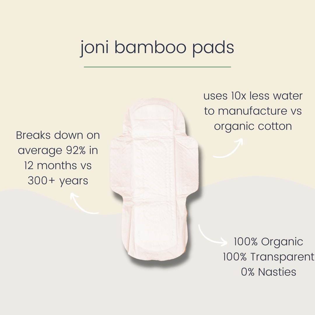 joni bamboo pads graphic highlighting eco-friendliness and organic materials, showcasing sustainability benefits.