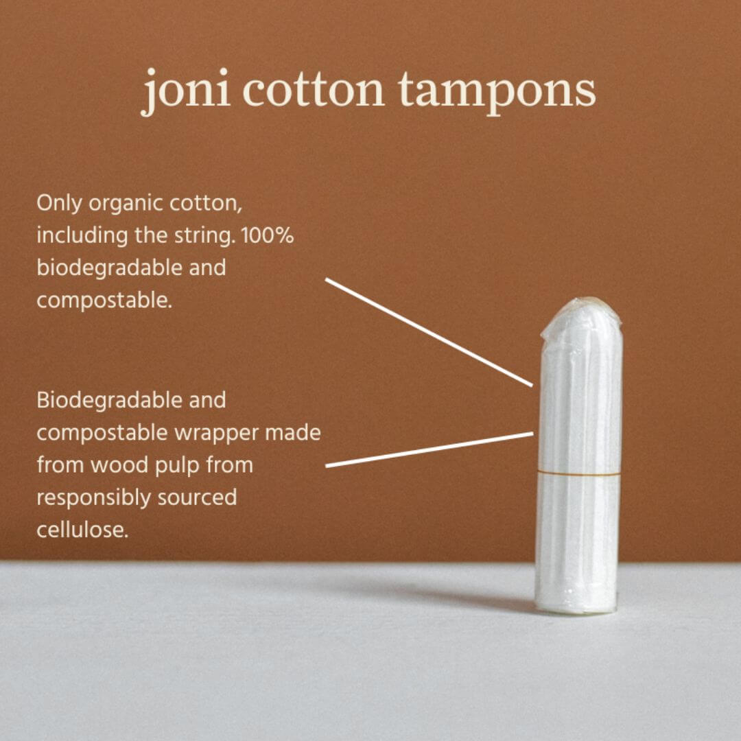 Organic joni cotton tampons with biodegradable wrapper, showcasing sustainable period care features.