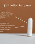 Organic joni cotton tampons with biodegradable wrapper, showcasing sustainable period care features.