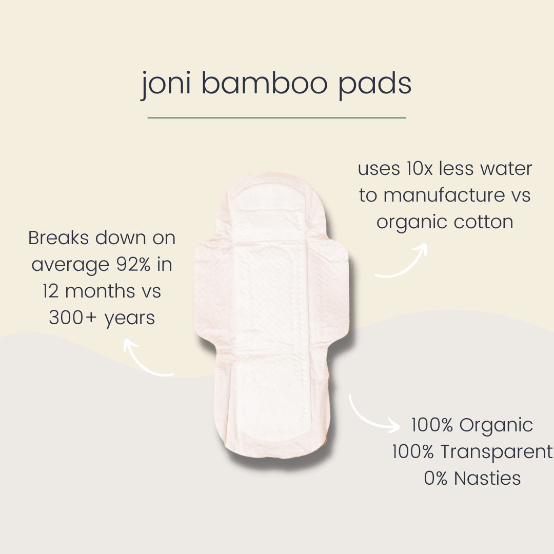 Joni bamboo pads featuring eco-friendly attributes, biodegradable design, and ultra-absorbent structure for heavy flow.