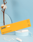 joni non-applicator tampons with a blue background