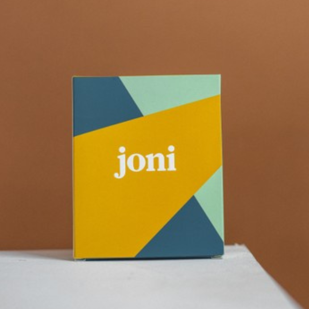Colorful joni Mini Period Pad Pack packaging featuring geometric shapes, designed for menstrual care.