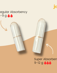 Image comparing regular and super absorbency tampons from joni, highlighting their absorbency rates.