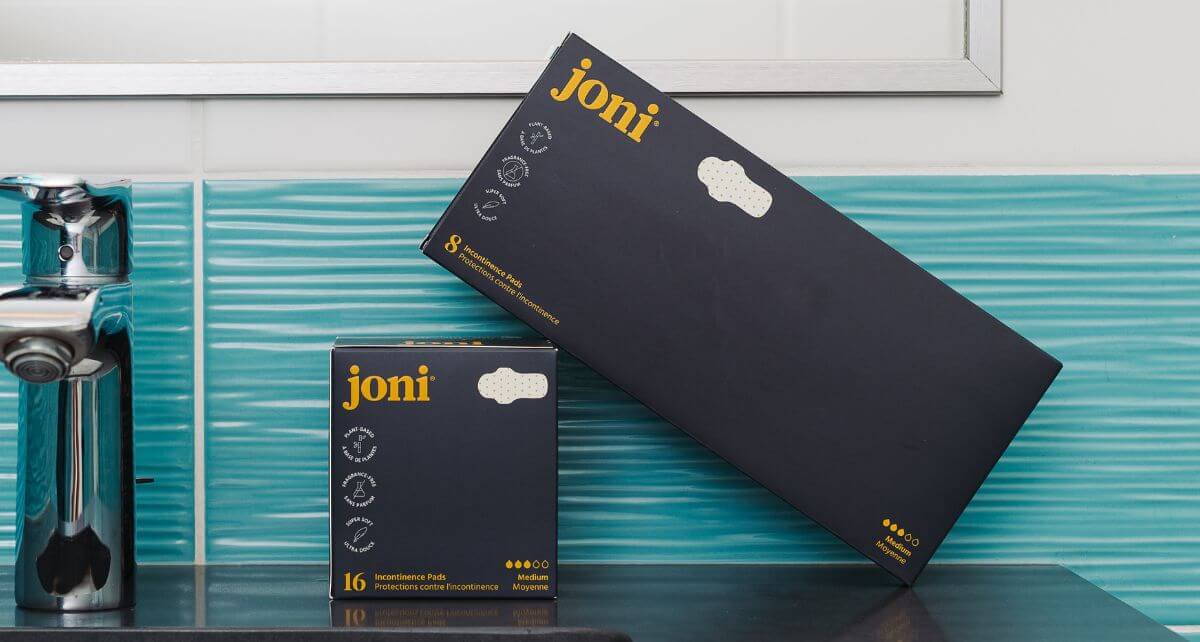 joni plant-based incontinence pads on a bathroom counter