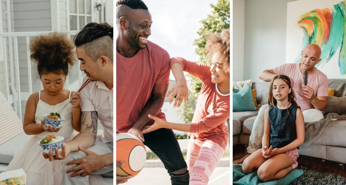 Three images of different dads and their young daughters bonding over food, sports, and hair