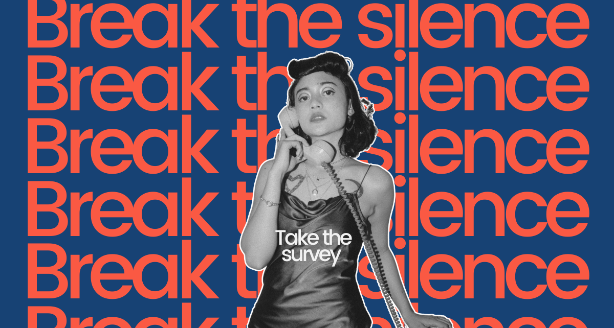 Blue background with Break the Silence written across in lines with an image of a woman on the telephone imposed on top