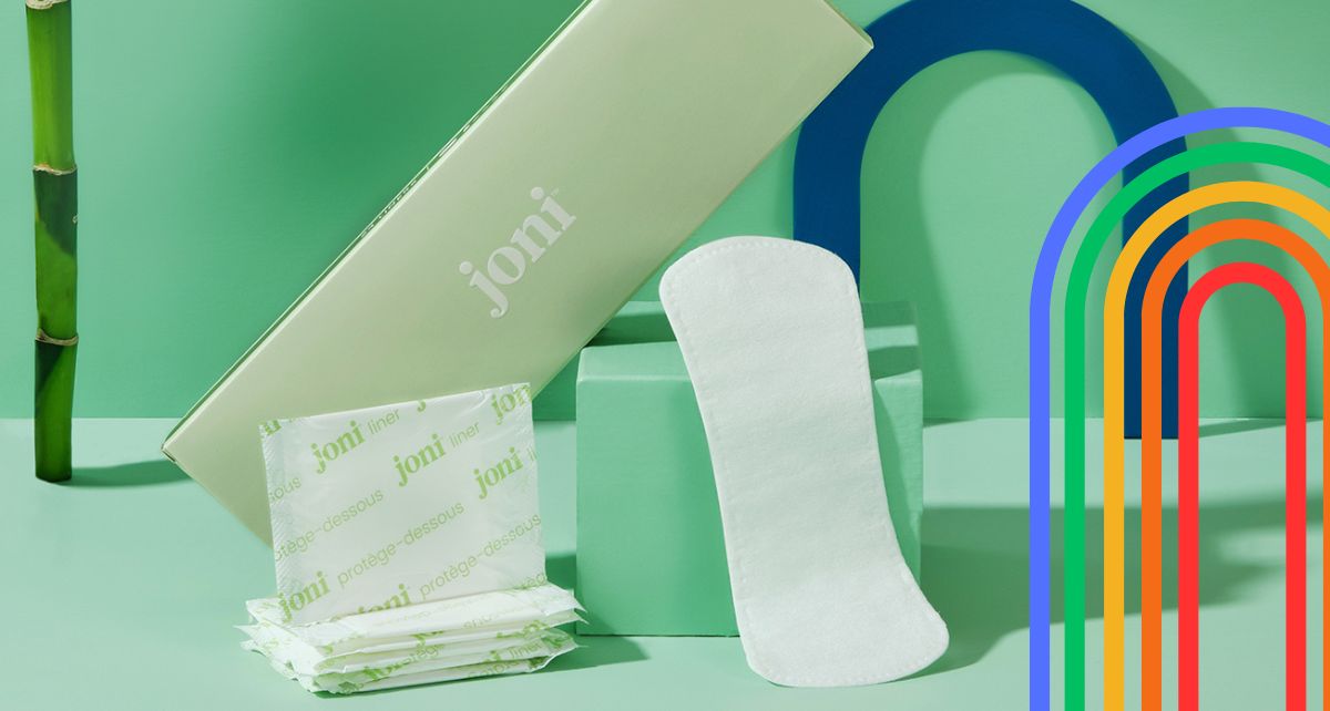 Organic plant-based feminine hygiene products by joni displayed with colorful design elements.