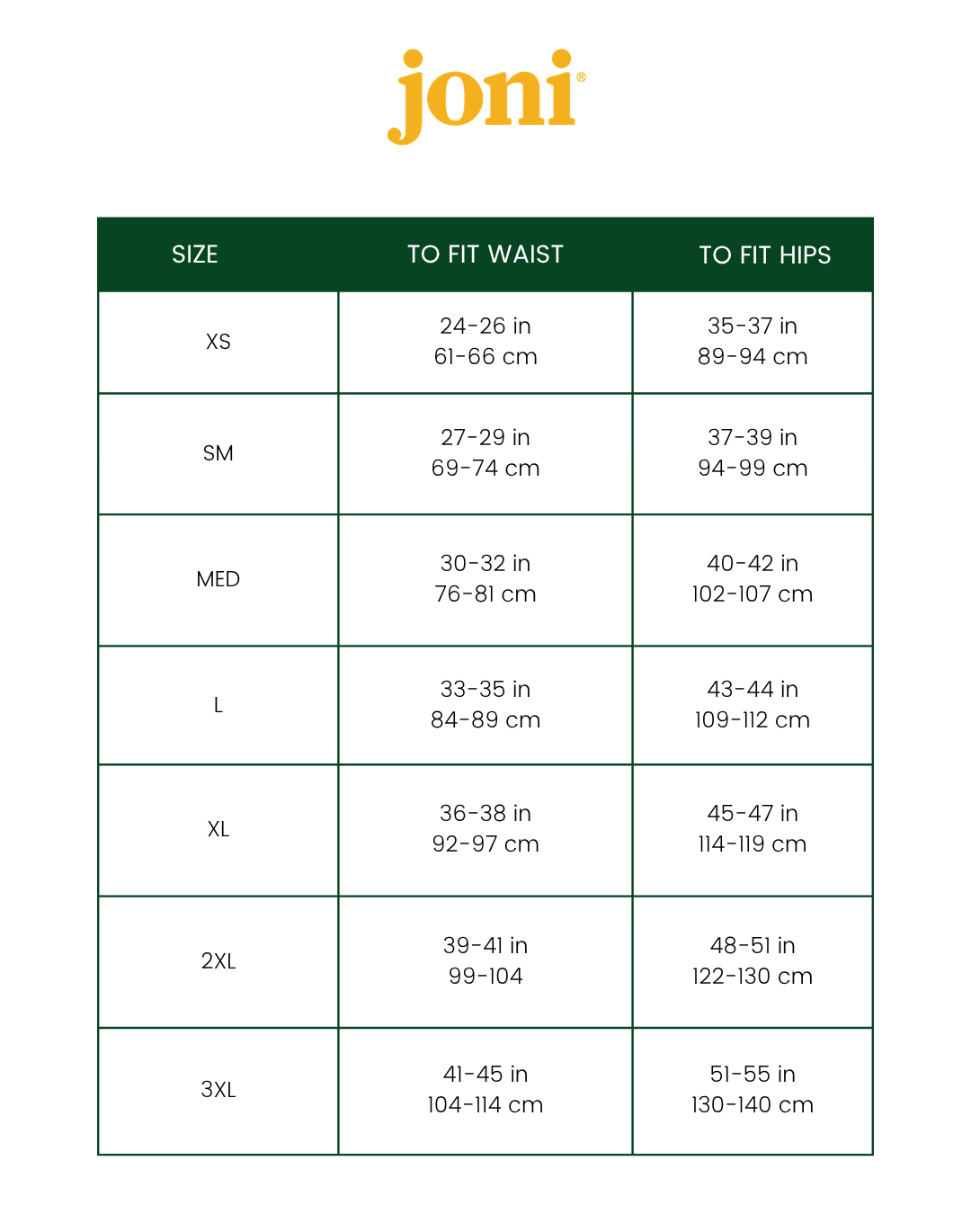 A sizing chart for Joni clothing, showing size options from XS to 3XL with measurements for to fit waist and to fit hips in both inches and centimeters. The Joni brand logo is displayed at the top in orange on a white background.