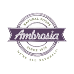 Logo of Ambrosia Natural Foods with a purple banner and white text on a white background