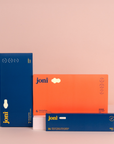Three 'joni' product boxes in blue and orange on a beige background