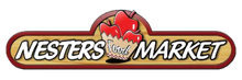 Logo of Nesters Food Market with a stylized illustration of apples on a white background