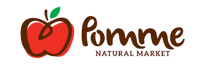 Logo of Pomme Natural Market with a red apple and green leaf on a white background